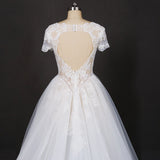 Off White A Line Short Sleeves Lace Appliques Wedding Dresses, Bridal Gown OKQ32