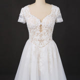 Off White A Line Short Sleeves Lace Appliques Wedding Dresses, Bridal Gown OKQ32