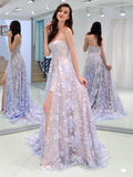 Sweetheart Strapless A Line Lace Long Prom Dress With Slit Formal Evening Dress OK1186