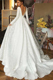 A-line V-neck Long Sleeves Wedding Dresses With Court Train, Bridal Gown OK1807