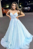 A Line V Neck Light Blue Lace Appliqued Long Prom Dresses, Spaghrtti Straps Evening Party Dresses OKZ57