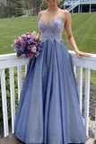 A-line Spaghetti Straps Blue Lace Top Prom Dress OKZ5