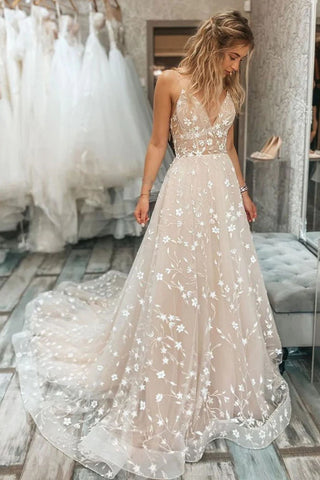 A Line V Neck Lace Floral Long Prom Dresses Elegant Straps Wedding Dresses OK1733