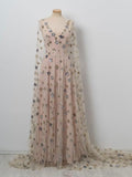 New V neck Floor Length Stars Pink Prom Dress Long Evening Dress OKE19