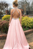 Fashion A-line Pink High Neck Sexy Back Cheap Beading Prom Dresses OKA15