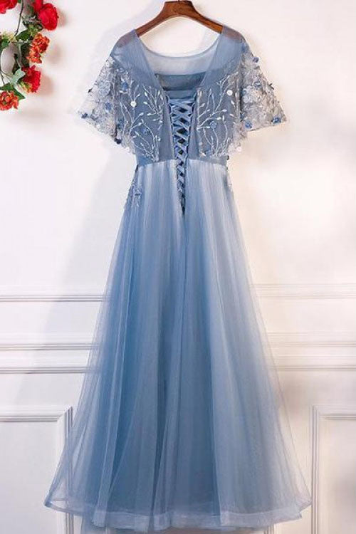 A-Line Blue Tulle Short Sleeves Long Lace Up Formal Evening Prom Dress OKF29