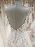 A Line Spaghetti Straps Tulle Wedding Dress Appliqued Cheap Bridal Dresses OKN94