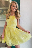 Backless Short Lace Appliques Prom Dress A-line Yellow Graduation Homecoming Dress OKX50