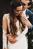 Beautiful Tulle Lace Ivory V-neck Long Sleeves Wedding Dress Bridal Gowns OK1138