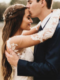 Beautiful Tulle Lace Ivory V-neck Long Sleeves Wedding Dress Bridal Gowns OK1138