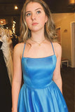 Blue Satin A-line Spaghetti Straps Long Prom Dress With Slit, Formal Evening Dress OK2008