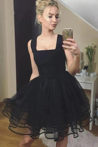 Cute Black Tulle A-line Square Neck Homecoming Dresses, Short Prom Dresses OK1777