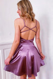 Purple Short Prom Dress A-line Satin Homecoming Dress Graduation Evening Dress OKY22