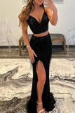 Two Piece Black Sequin Mermaid Tassle Long Prom Gowns Evening Dress OK1393