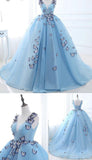 Ball Gown Long Sky Blue Butterfly V Neck Prom Dresses,Quinceanera Dresses OKE79