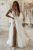 Deep V Neck Ivory Lace Appliques Long Wedding Dress With High Split OKX26