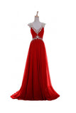 V Neck A-line Red Backless Chiffon Prom Dresses K625