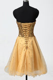Gold Sweetheart Beaded Backless Back Up Lace Homecoming Dresses ED0679
