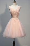 Blush Pink Lace Beaded Backless V-neck Homecoming Dresses ED0688