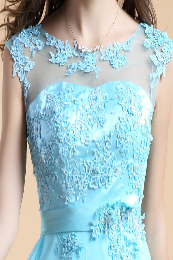 Light Sky Blue Chiffon Long Lace Beaded Prom Dress ED0828