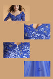 Blue V-neck Lace Half Sleeves Backless Long Prom Dress ED0829