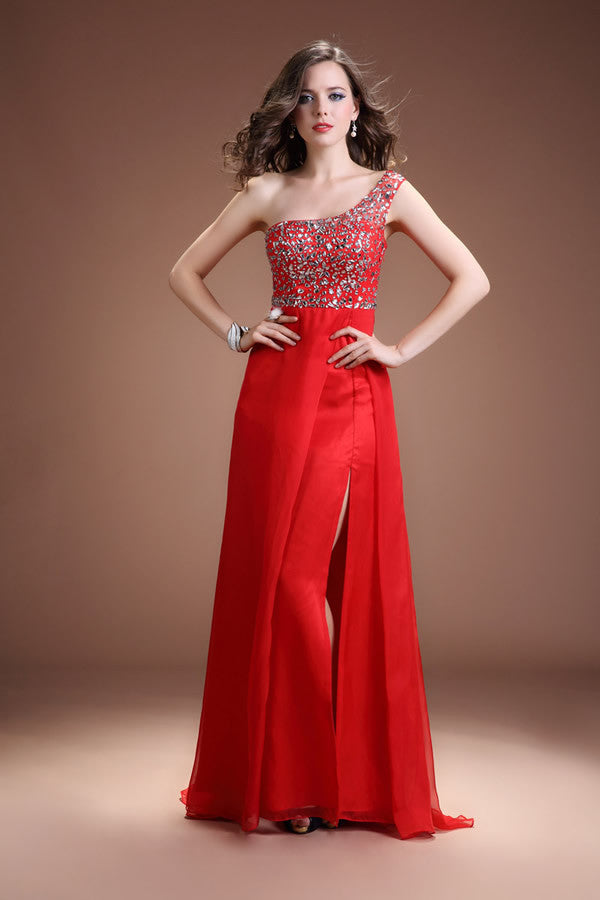 One Shoulder Red Beaded Open Back Prom Dress with Split ED0834