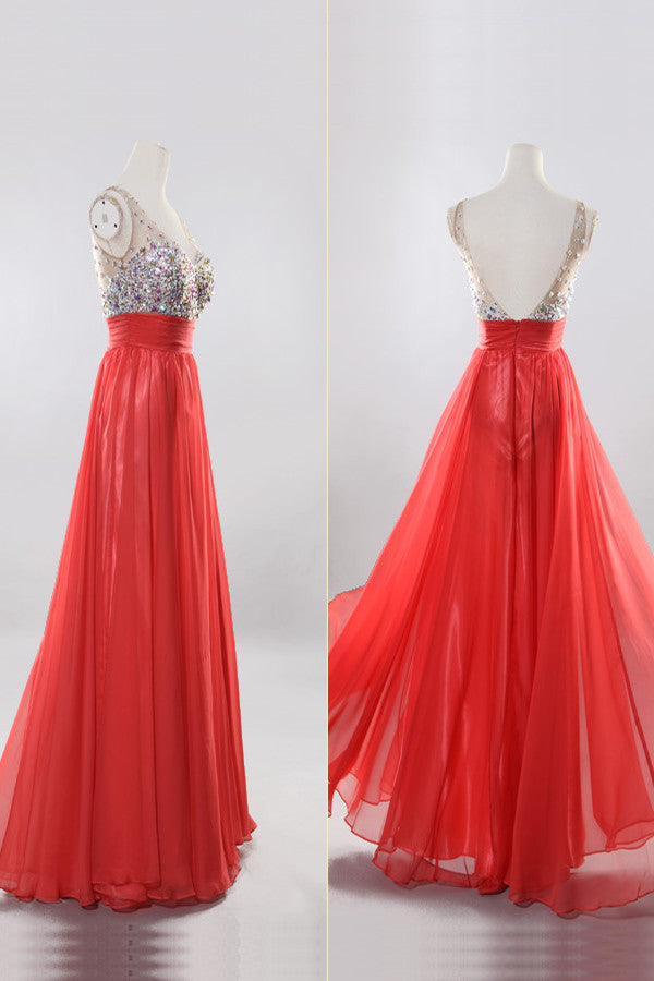 V-neck Beaded Red Long Backless Prom Evening Dresses ED0836