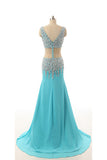V-neck Light Sky Blue Beaded Long Prom Evening Dress K14