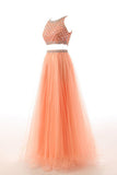 Two Pieces Orange Red Beaded Long Prom Graduation Dress ED0965
