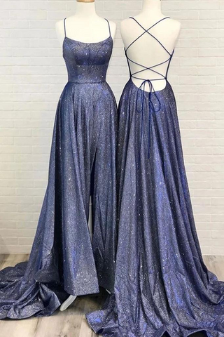 Sexy Lace Up Back A-line Prom Dress with Micro Straps Shimmering Fabric OKT22