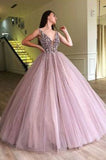 V-Neck Tulle Long Ball Gown Prom Dresses, Formal Evening Dress OKE20