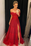 Elegant Red Long Tulle Off The Shoulder Prom Dress Girl Party Dress Women Formal Gown OK1523