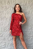 One Sleeve Hot Pink Sequins Short Party Dresses Homecoming Dresses OK1456
