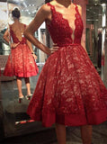 Deep V-neck Red Lace Knee Length Homecoming Dress,Backless Short Prom Dresses OK350
