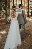 Boho Ivory Tulle Lace Top A Line Long Sleeves Wedding Dress With Sweep Train OK1139