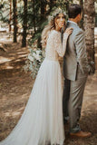 Boho Ivory Tulle Lace Top A Line Long Sleeves Wedding Dress With Sweep Train OK1139