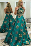 Two Piece A Line Floral Print Long Prom Dress Sexy Long Evening Dress OKG12