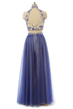 Blue Halter Long Beading 2 Pieces Open Back Prom Dress K104