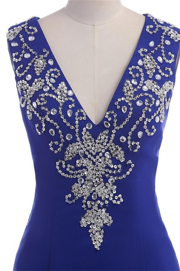 Long Royal Blue V-neck Zipper Back Prom Dresses K105