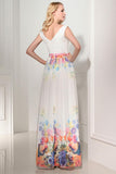 Modest Simple Cheap Printed Long Chiffon V-neck Prom Dresses K121