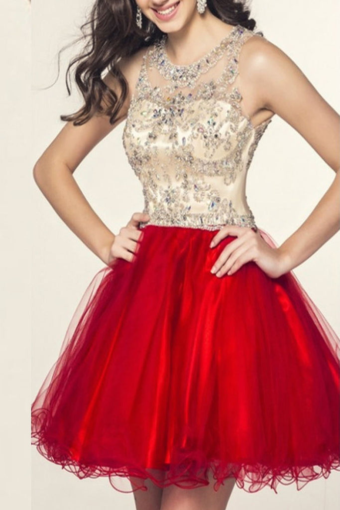 Real Beauty Cap Sleeves Short Beading Red Tulle Homecoming Dress K133