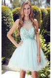 Cute Short Beaded Sparkly Mint Cap Sleeves Homecoming Dresses K135