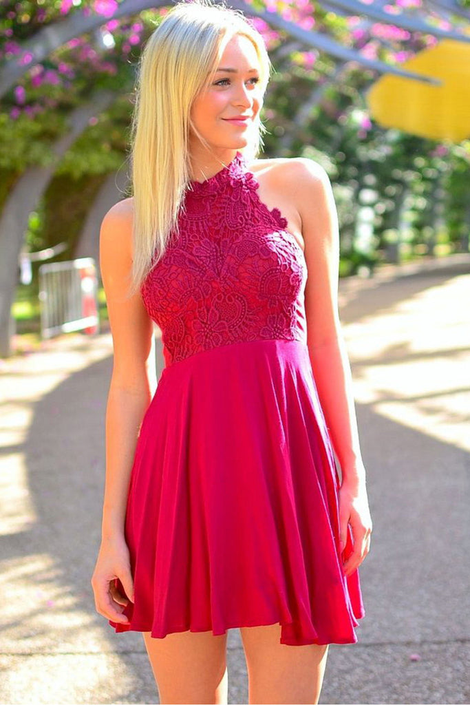 Hot Sale Short Red Lace Halter Cute Cheap Homecoming Dresses K138