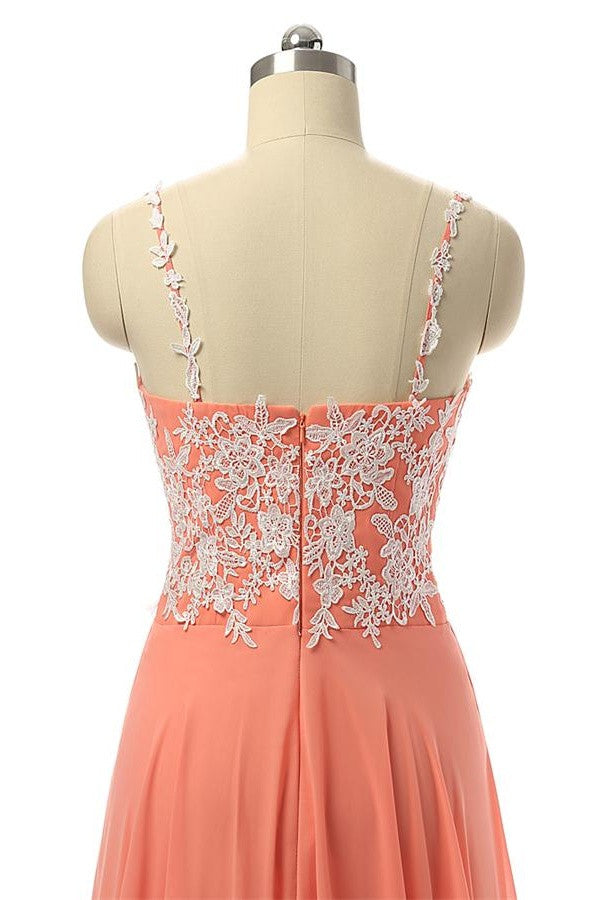 Beautiful Coral Chiffon White Lace Long Prom Dress With Straps K147