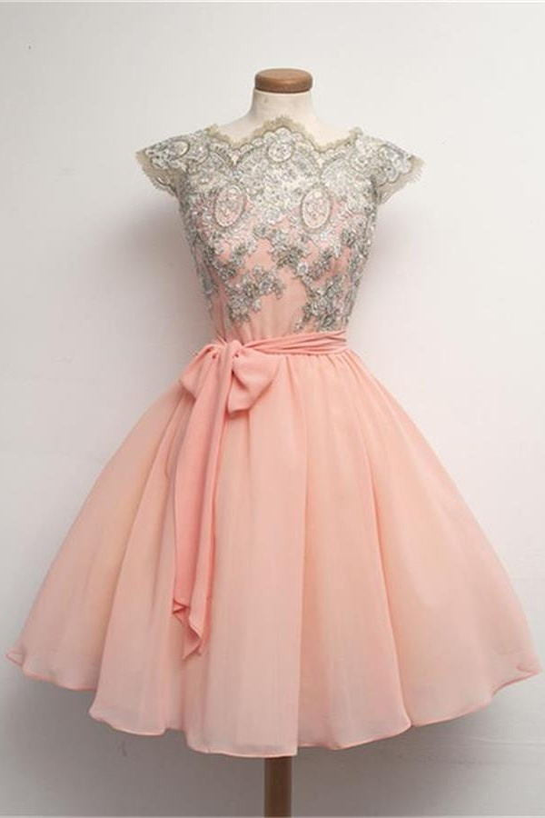 Blush Pink Lace Short Chiffon Homecoming Dress With Belt K182