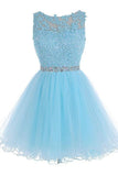 Light Sky Blue Lace Open Back Short Tulle Homecoming Dress K186