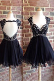 Open Back Short Black Lace Homecoming Cocktail Dress K218