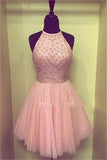 Pink Halter Beaded Short Cute Handmade Homecoming Dress K219