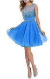 Sparkly Cap Sleeves Beaded Short Blue Open Back Homecoming Dress K225