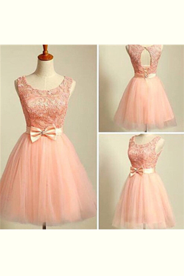 Cute Backless Lace Up Pink Lace Homecoming Dress With Bow Belt K363